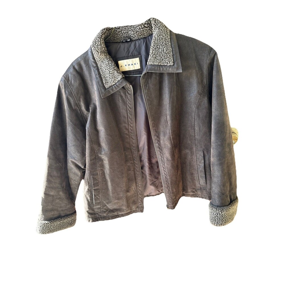J. Khaki Men’s Brown Leather Bomber Jacket Sherpa Collar Size XL Aviator Style